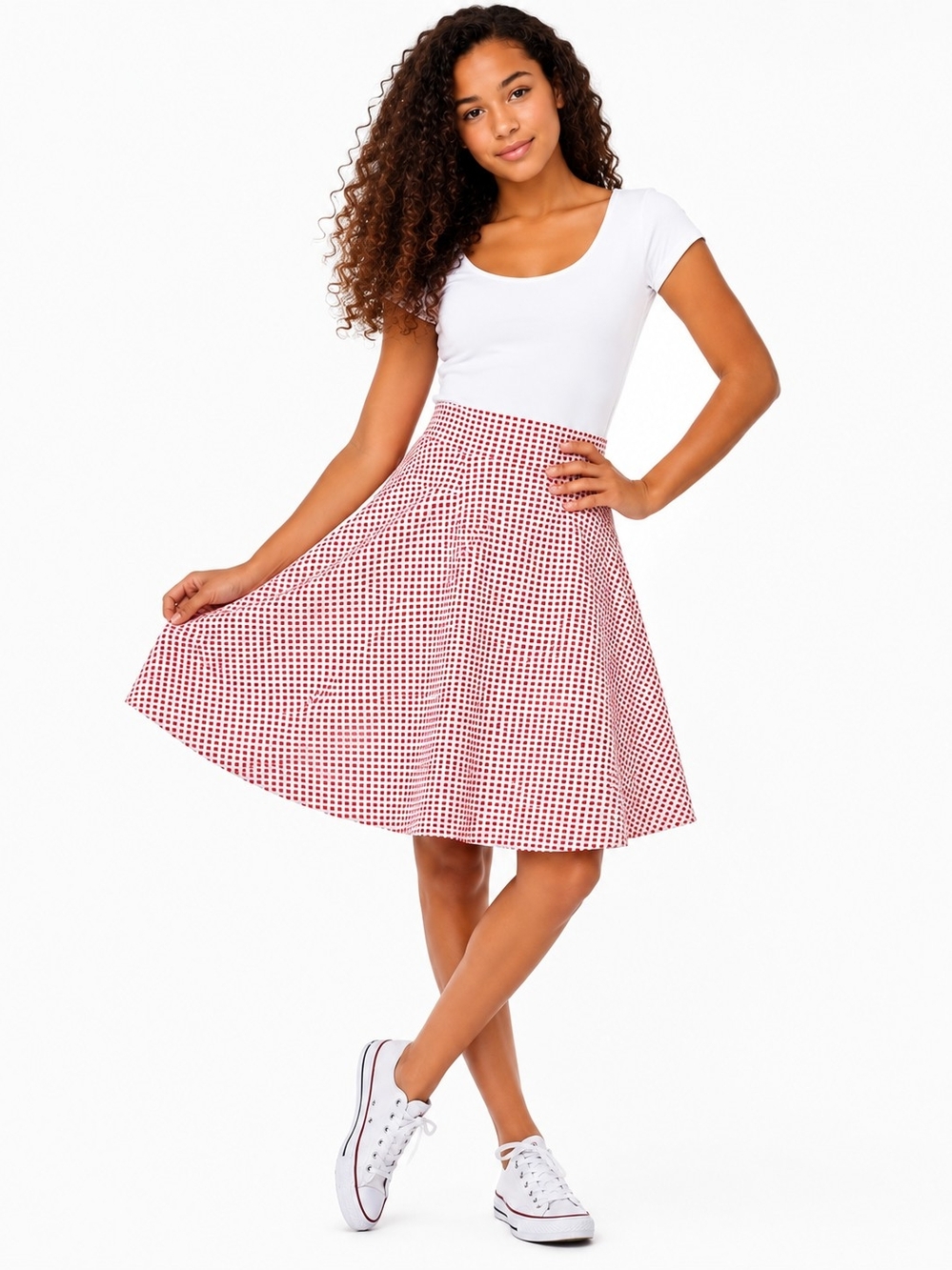 LuLaRoe Kids Azure Red & White Geometric Grid Flare Circle Skirt NWT